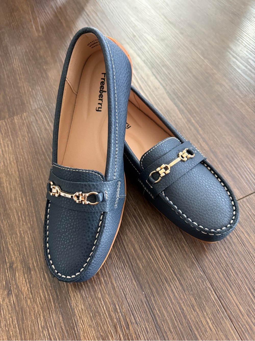 Women’s Navy Leather Loafers with Gold Bit